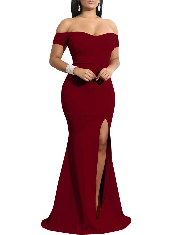 YMDUCH Women's Off Shoulder High Split Long Formal Party Dress Evening Gown WineRed - Image 1